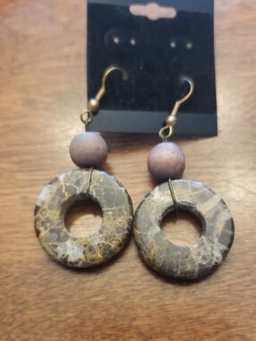 Brown Polished Stone & Wiid Bead Dangle Earrings - 2.25" Drop